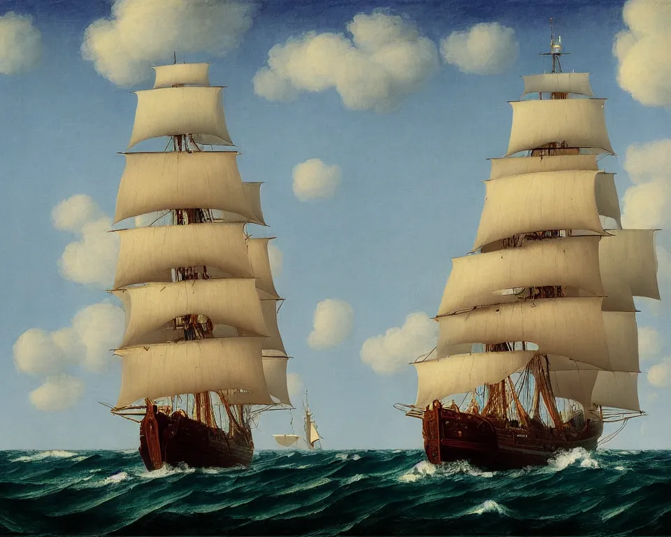 Image similar to an achingly beautiful print of the HMS Bounty sailing on stormy seas by Raphael, Hopper, and Rene Magritte. detailed, romantic, enchanting, trending on artstation.