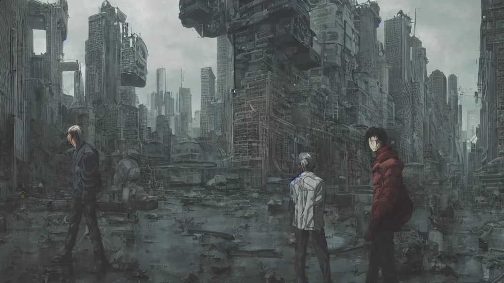 Image similar to realistic aesthetic highly detailed photography of characters in akira scene, characters with hyperrealistic highly detailed faces. from akira by katsuhiro otomo and alejandro hodorovski and denis villeneuve and gregory crewdson style with many details by mike winkelmann and vincent di fate in sci - fi style. volumetric natural light hyperrealism photo on dsmc 3 system