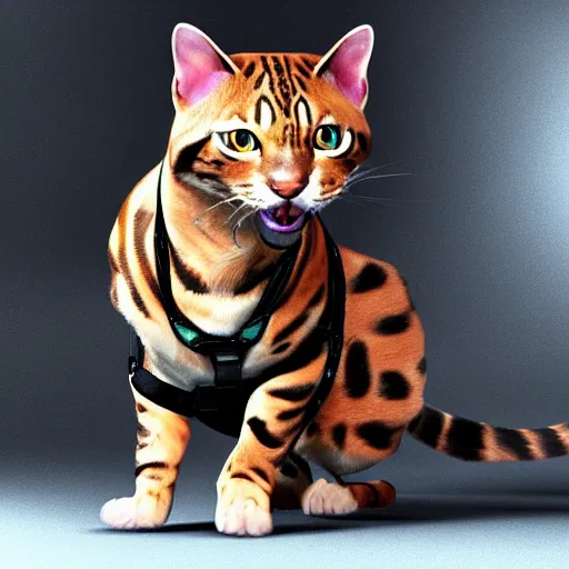 Prompt: a bengal cat with a weapons harness, unreal engine, highly detailed, artstation, elegant