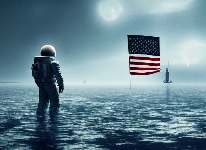 Image similar to astronaut holding a flag in an underwater desert. a submarine is visible in the distance. dark, concept art, cinematic, dramatic, atmospheric, 8 k, trending on artstation, blue, fish, low visibility, fog, ocean floor, christopher nolan, interstellar