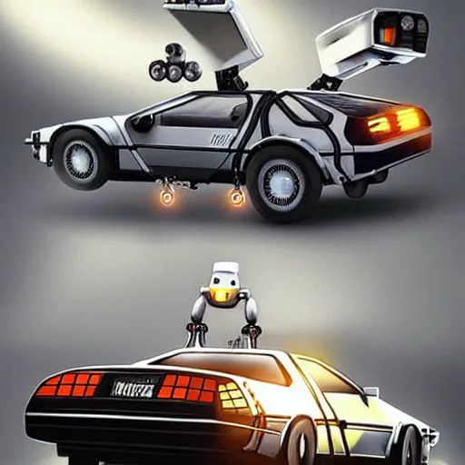 Prompt: robotic back to the future DeLorean with little robots attached to it flying around it big wheels matte painting artgerm