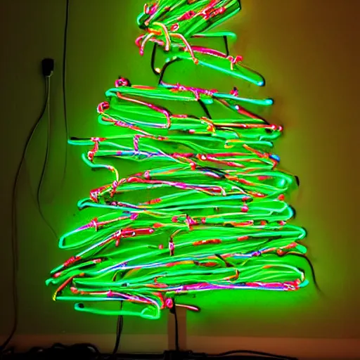 Image similar to a christmas tree made out of neon lights in a dark room