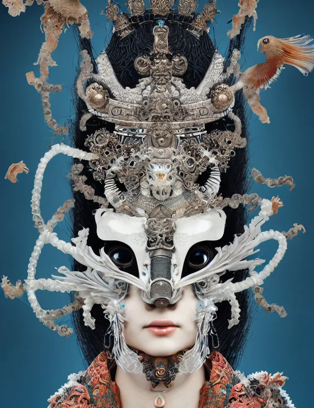 Prompt: goddess macro close - up portrait with crown and mask made of ram skull. beautiful intricately detailed japanese crow kitsune mask and clasical japanese kimono. betta fish, jellyfish phoenix, bioluminiscent, plasma, ice, water, wind, creature, artwork by tooth wu and wlop and beeple and greg rutkowski