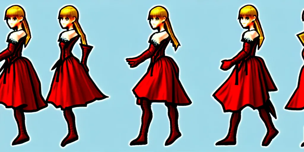 Image similar to walking cycle sprite sheet of a girl in a renaissance dress, walking to the right, each sprite is a different frame of the animation, in the style of final fantasy games, side view of her taking steps, accurate walk cycle, walk cycle, walk cycle, red and white dress