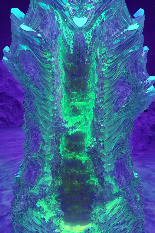 Prompt: a crystalline 3 d mandelbulb fractal in the shape of a monster, bioluminescent opal, fractal, magnificent lighting, ethereal, ray tracing, octane, holographic