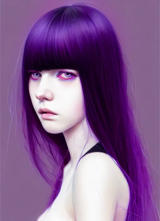 Image similar to hair whitebangs hair, black hair, whitebangs, portrait of teenage girl with white bangs, red irises, purple clothes, white bangs, bangs are different color from hair, intricate, elegant, glowing lights, highly detailed, digital painting, artstation, concept art, smooth, sharp focus, illustration, art by wlop, mars ravelo and greg rutkowski