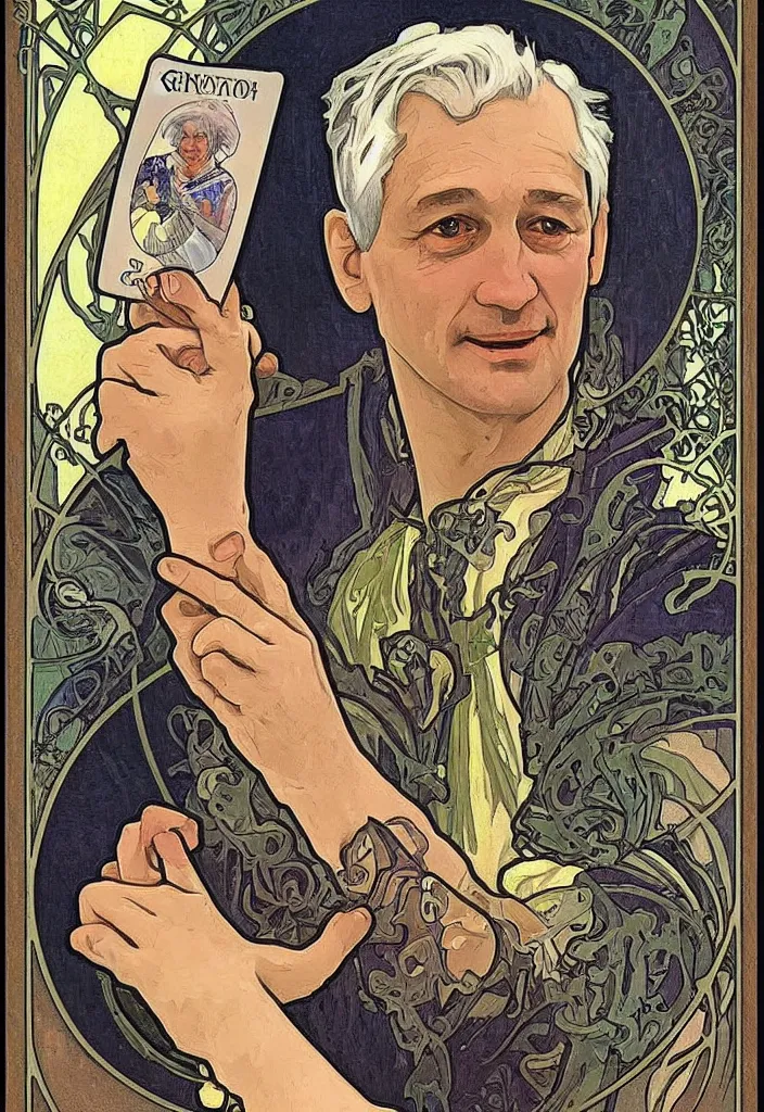 Image similar to realistic white - haired geoffrey hinton on a tarot card, tarot in art style by alphonse mucha