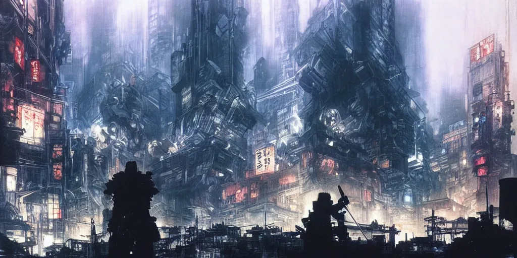 Image similar to concept art of city of midgar from final fantasy 7, rapture, dark atmosphere, hanafuda oil on canvas by ivan shishkin, james jean and yoji shinkawa