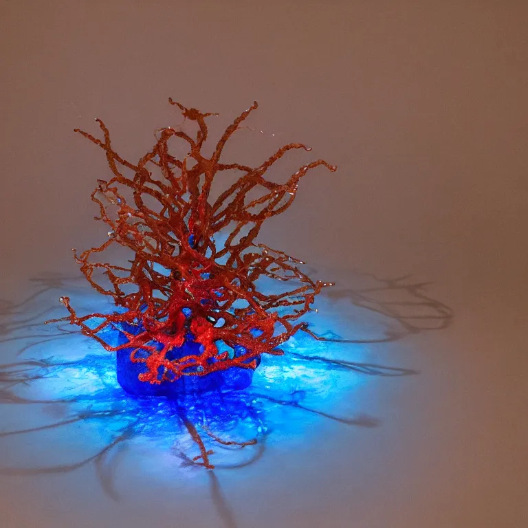 Image similar to hyperrealistic sculpture of a bronze ancient fossilized sea urchin brittle star dusted with opalescent blue and iridescent red spraypaint in a nylon grid cage on a pedestal by ron mueck and duane hanson and lee bontecou, hyperrealistic dramatic colored lighting trending on artstation 8 k