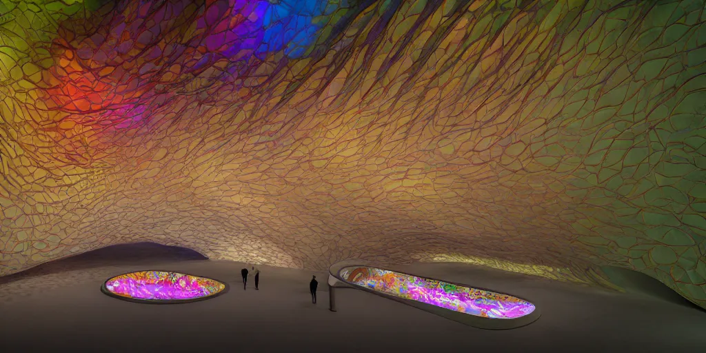 Image similar to extremely detailed awe stunning beautiful futuristic smooth curvilinear museum interior, translucent gills, hyper real, 8k, colorful, 3D cinematic volumetric light, atmospheric light