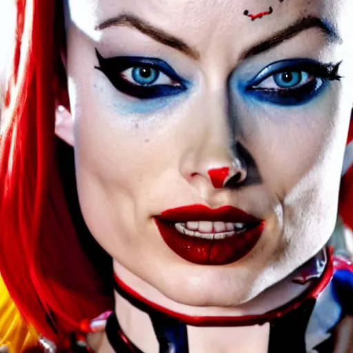 Image similar to Olivia wilde as harley quinn, 8k, highly detailed, high definition, full view, cinematic lighting