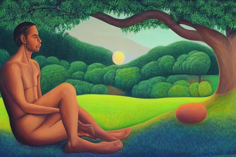 Image similar to painting of a peaceful man relaxing under a tree by alex grey, acrylic art, calm, soothing, cosy, elegant, soft light,