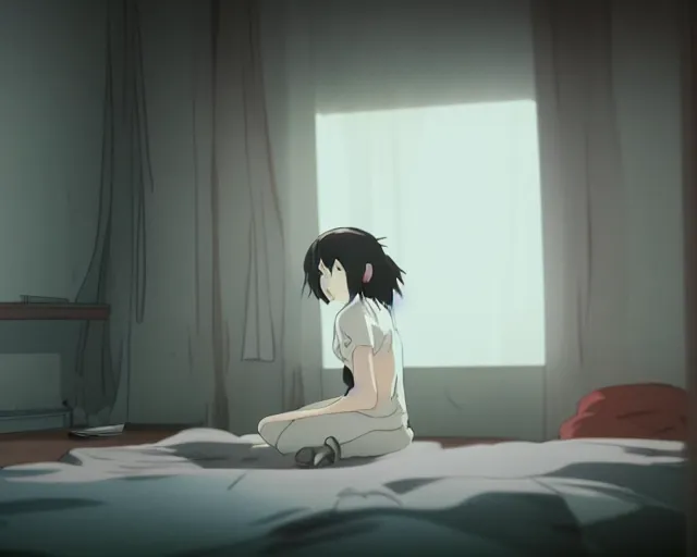 Prompt: a film still of lone anime girl in white tshirt is sitting on poor bed in pale colors room in dark russian flat, anime, cinestill, makoto shinkai