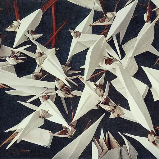 Image similar to a swarm of paper cranes by caravaggio