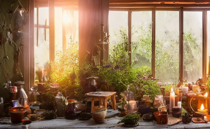 Prompt: interior view of a cluttered herbalist cottage, waxy candles, wood furnishings, herbs hanging, light bloom, dust, ambient occlusion, rays of light coming through windows