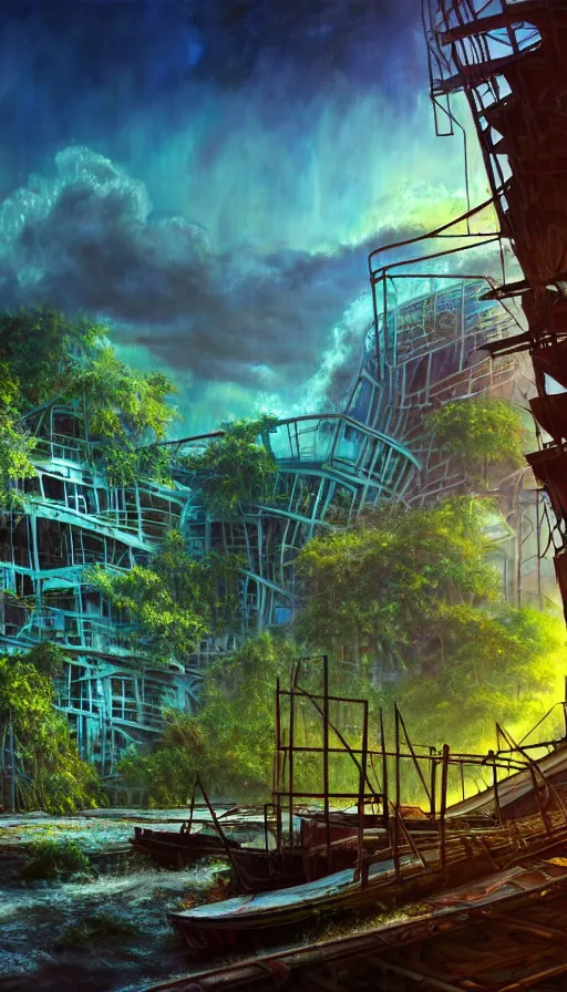 Image similar to a beautiful photorealistic painting of shipwreck nature urbex architecture city industrial architecture by frank gehry, sea reclaimed by nature rainforest flowers lightpaint tron nightvision synthwave morning sun sunlight nightsky uv light magic realism at night laser, archdaily, wallpaper, highly detailed, trending on artstation.