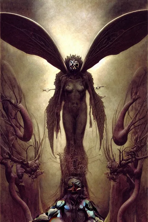 Prompt: an eerie portrait of the mothman by wayne barlowe, by gustav moreau, by goward, by gaston bussiere, by roberto ferri, by santiago caruso, by luis ricardo falero, by austin osman spare, ( ( ( ( occult art ) ) ) ) saturno butto