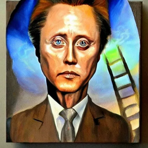 Prompt: Christopher Walken painted like a Saint with halo behind head