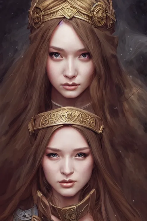 Image similar to lovely medieval maiden with long hair, character portrait, concept art, intricate details, highly detailed photorealistic portrait in the style of adam hughes, seseon yoon, artgerm and warren louw