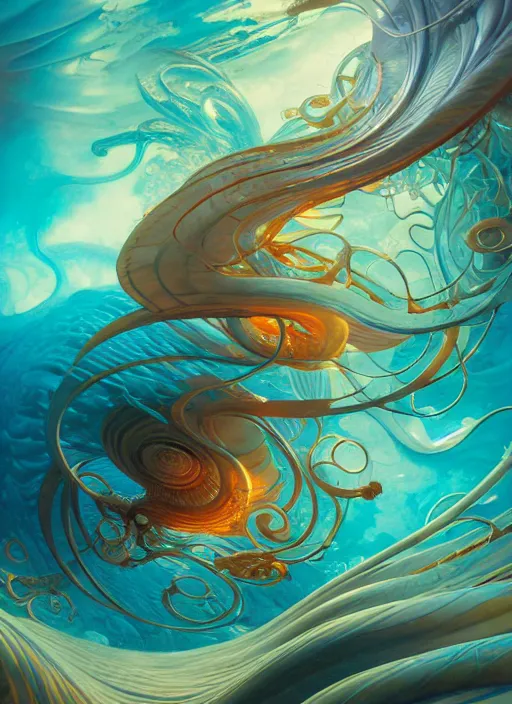 Prompt: subsurface scattering, ocean vortex, art nouveau swirls, vibrant colors, octane render, by jesper ejsing, james jean, justin gerard, tomasz alen kopera, cgsociety and fenghua zhong, highly detailed, rim light, art, cinematic lighting, very coherent, hyper realism, high detail, 8 k