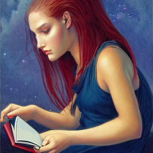 Image similar to a girl reading book, hair flowing down, by Gerald Brom