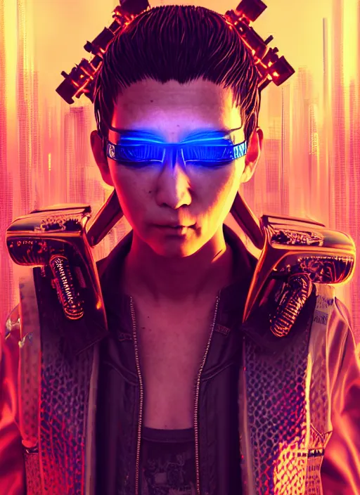 Image similar to portrait of a cyberpunk yakuza raver gutter punk cyborg, golden ratio, details, scifi, dark fantasy, cyberpunk, intricate, ornate, highly detailed, octane render, 8 k, artstation, loish, wlop