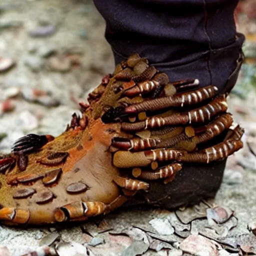 Image similar to shoes made from giant ants and maggots