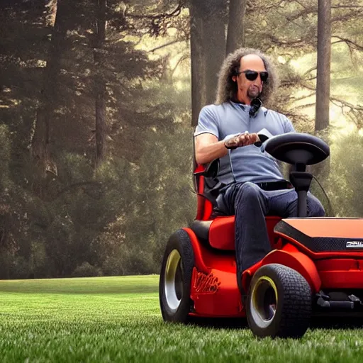 Image similar to kenny g riding a lawnmower playing the saxophone, epic, cinematic, realism, ultra detailed, 8 k