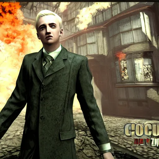 Prompt: Draco Malfoy in the call of duty zombies map Tranzit, screenshot, BO2 Tranzit,