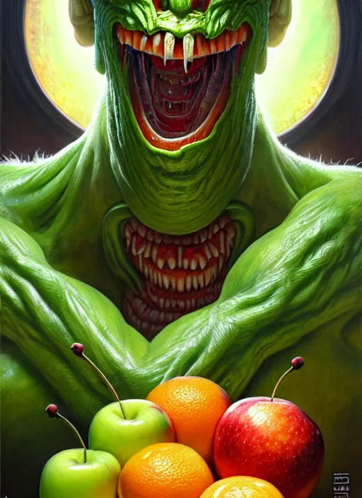 Image similar to an monster man in a white robe, green skin, covered in fruit, apples, oranges, bananas, intricate, highly detailed, concept art, hyperrealistic, oil painting by greg staples and tristan eaton, 8 k