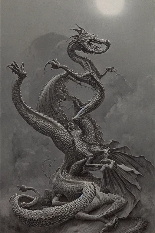 Image similar to zdzisław beksinski painting. a dragon protecting its hoard