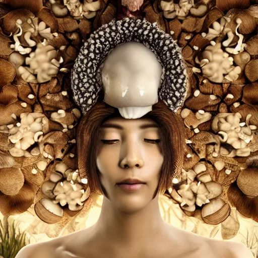 Prompt: mushroom goddess with extremely elegant headdress with group of elders in a ceremony for plant medicine, beautiful, hiroya oku, yoshitaka amano, alex grey, black and white, beautiful lighting, cinematic still, perfect render, 3 d render, unreal engine, 8 k