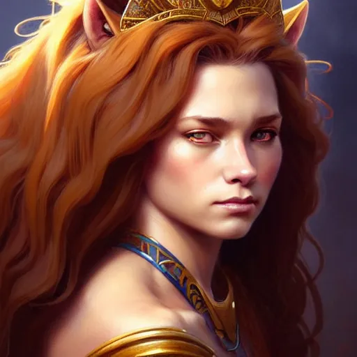 Image similar to majestic little lioness queen, d & d, portrait, highly detailed, digital painting, trending on artstation, concept art, sharp focus, illustration, art by artgerm and greg rutkowski and alphonse mucha and magali villeneuve