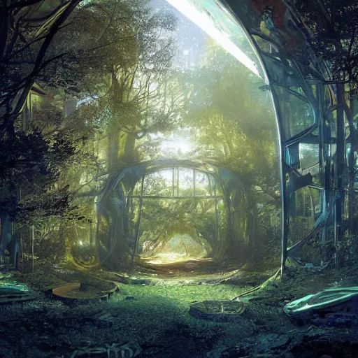 Image similar to derelict portal in a middle of a futuristic forest, world seen only through a portal, daylight, cinematic lighting, blue sky, syd mead, john harris