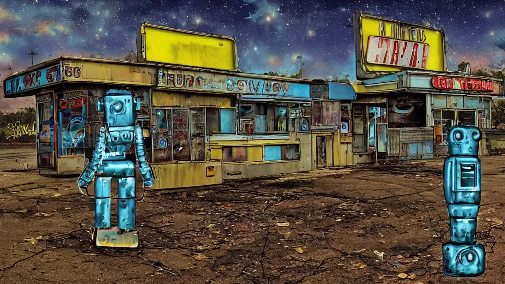 Image similar to A 1960s era robot! on a faded yellow couch in front of a rusted and dilapidated gas station. The stars! of the Milky Way shine above a broken neon sign, ground is cracked with vines digital art