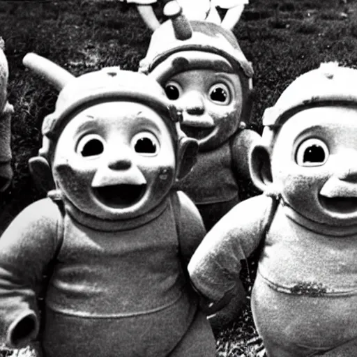 Image similar to teletubbies in a trench during world war 2