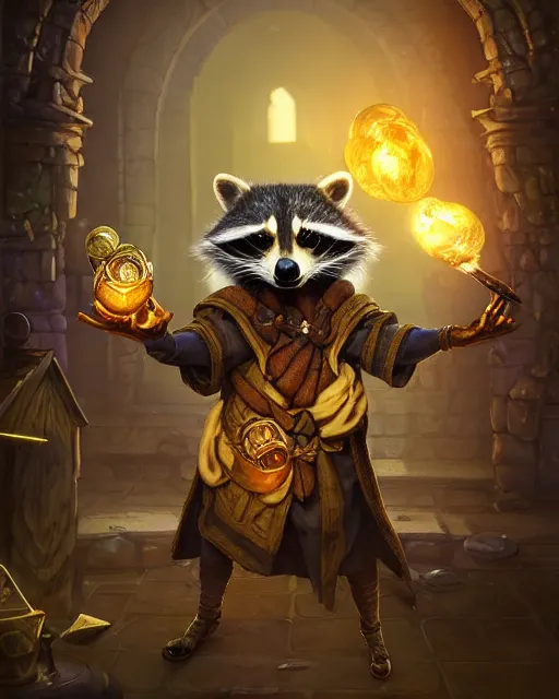 Prompt: closeup 2 8 mm anthropomorphic warlock raccoon casting a spell in a castle, d & d, fantasy, intricate, action pose, particle effects, highly detailed, digital painting, artstation, concept art, matte, sharp focus, volumetric lighting, illustration, hearthstone, art by artgerm, wlop, greg rutkowski and alphonse mucha