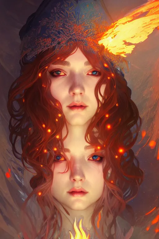 Image similar to beautiful ancient frost witch, fire i eye, snow glow, pool party, highly detailed, digital painting, artstation, sharp focus, illustration, art by tan zi and ayanamikodon and alphonse mucha and wlop