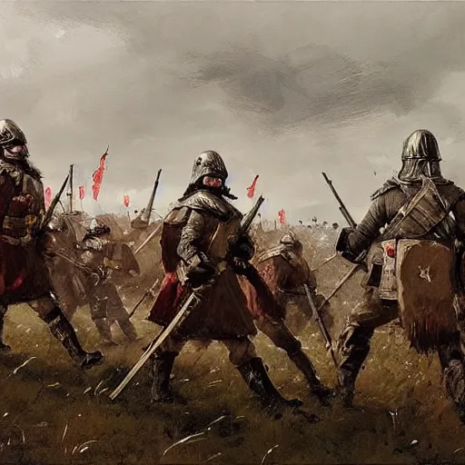 Prompt: two armies prepare for battle in the style of Jakub Rozalski