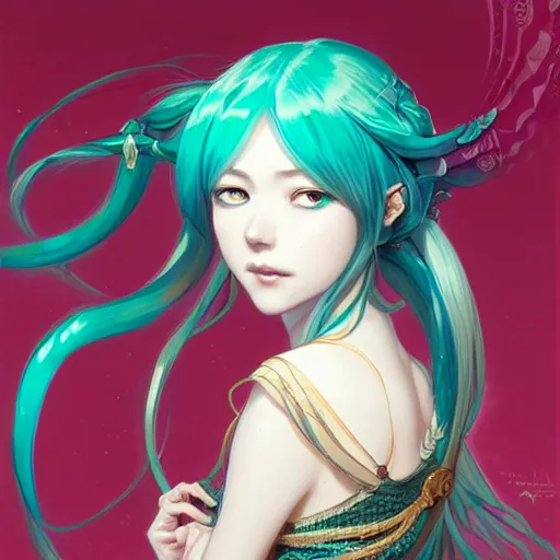 Image similar to portrait of hatsune miku, d & d, fantasy, intricate, elegant, highly detailed, digital painting, artstation, concept art, smooth, sharp focus, illustration, art by artgerm and greg rutkowski and alphonse mucha