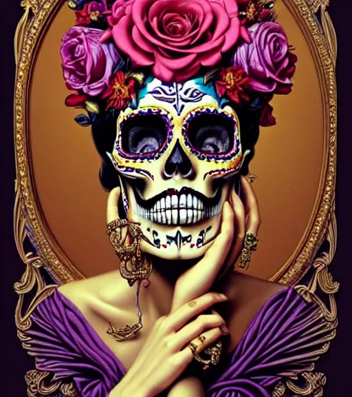 Prompt: a gorgeous fancy skull lady by dan mumford and gil elvgren, sugar skull, hyperrealism, intricate details, exceptional beauty, fool, rasterized