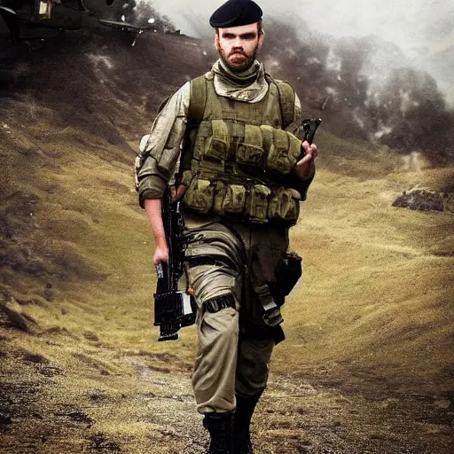 Image similar to pewdiepie as a british special air service soldier, highly detailed, cinematic lighting, photorealistic