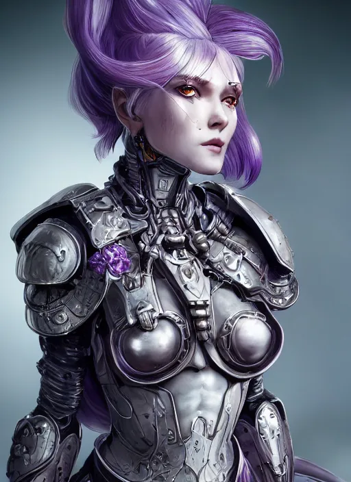 Image similar to close up portrait of a pale woman in bionic armor with purple ponytail hair, elegant, stoic, intense, sylvanas, ultrafine hyperdetailed illustration by kim jung gi, irakli nadar, intricate linework, sharp focus, octopath traveler, yoji shinkawa, highly rendered, global illumination, radiant light, detailed, intricate environment