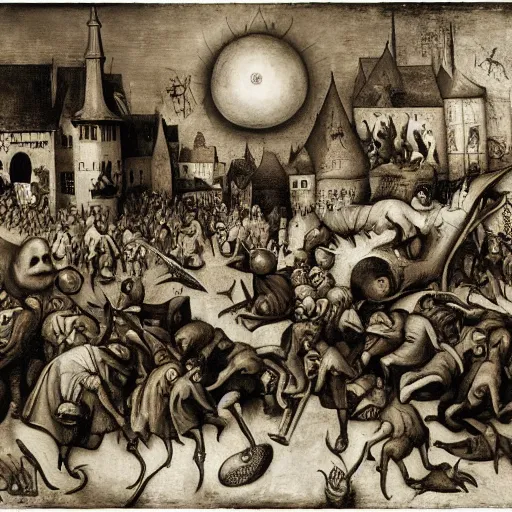 Image similar to a crowd of plague doctors in the style of pieter bruegel the elder, jan saudek, joel peter witkin, gustave dore, heironymus bosch