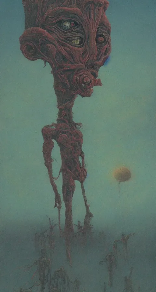 Image similar to Painting in a style of Beksinski featuring a giant alien crying. Pain and suffering in the background