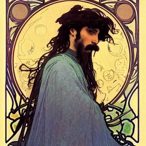 Image similar to a close up man with small mustache and small beard by louis - theophile hingre and alphonse mucha, realistic, sharp focus, zodiac signs, tarot cards, planets, ethereal, art nouveau, magic, moon, sun, crown, dreamy, royal, jewellery