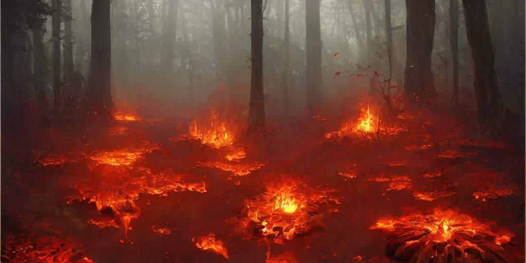 Image similar to A flaming forest , flaming leaves,Magma,flame stones are scattered, flame ferns, flame shrubs, huge flame Fantasy plant,covered in flame porcelain vine, artstation,by Jakub Rozalski, Greg Rutkowski,anthony avon