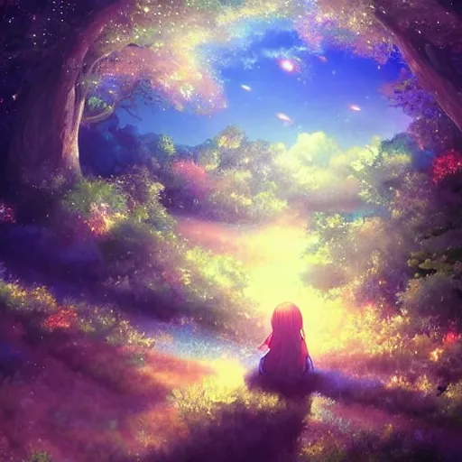 Prompt: a heavenly dream view from the interior of my cozy dream world filled with color from a Makoto Shinkai oil on canvas inspired pixiv dreamy scenery art majestic fantasy scenery fantasy pixiv scenery art inspired by magical fantasy exterior illumination of awe and wonderful magical lantern world