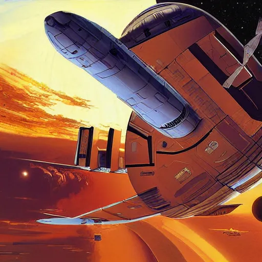 Prompt: digital art, transport spacecraft, Syd Mead, very wide view, atmospheric, epic composition