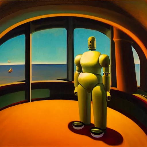 Image similar to portrait of a sophisticated robot inside a dome, pj crook, grant wood, edward hopper, syd mead, chiaroscuro, oil on canvas